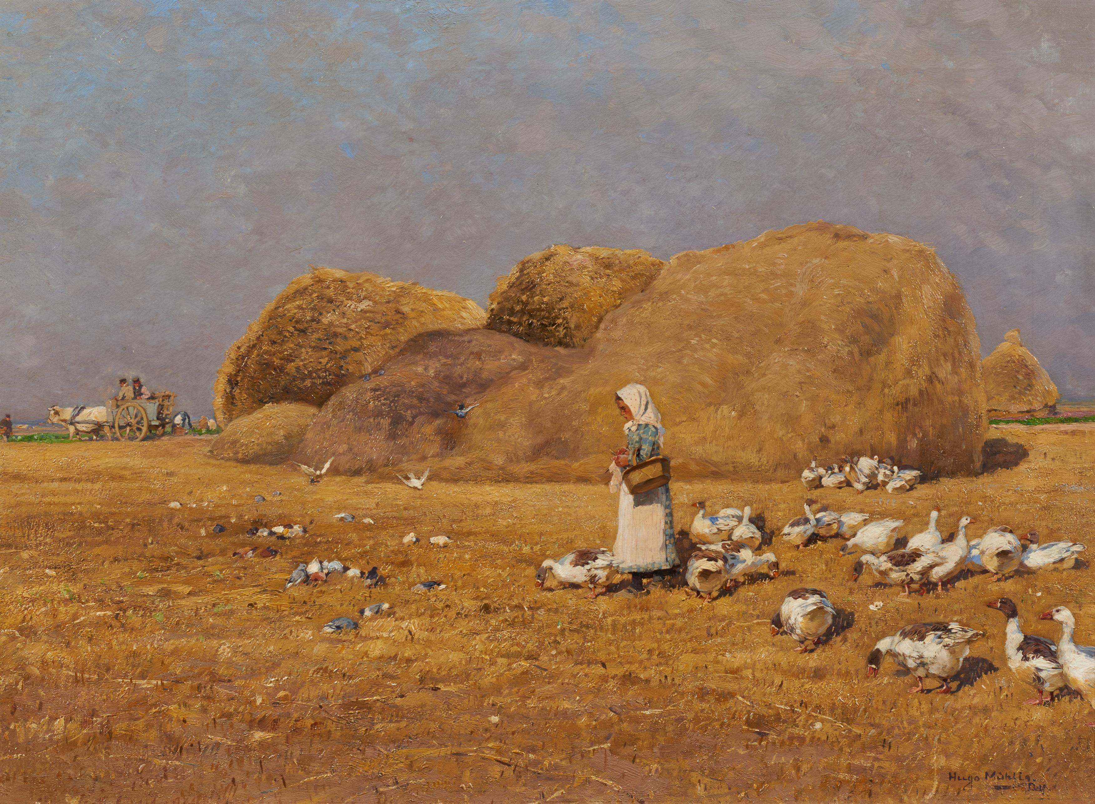 Hugo Mühlig - Mädchen mit Gänseschar auf abgeernteten Feldern.