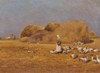 Hugo Mühlig - Mädchen mit Gänseschar auf abgeernteten Feldern.