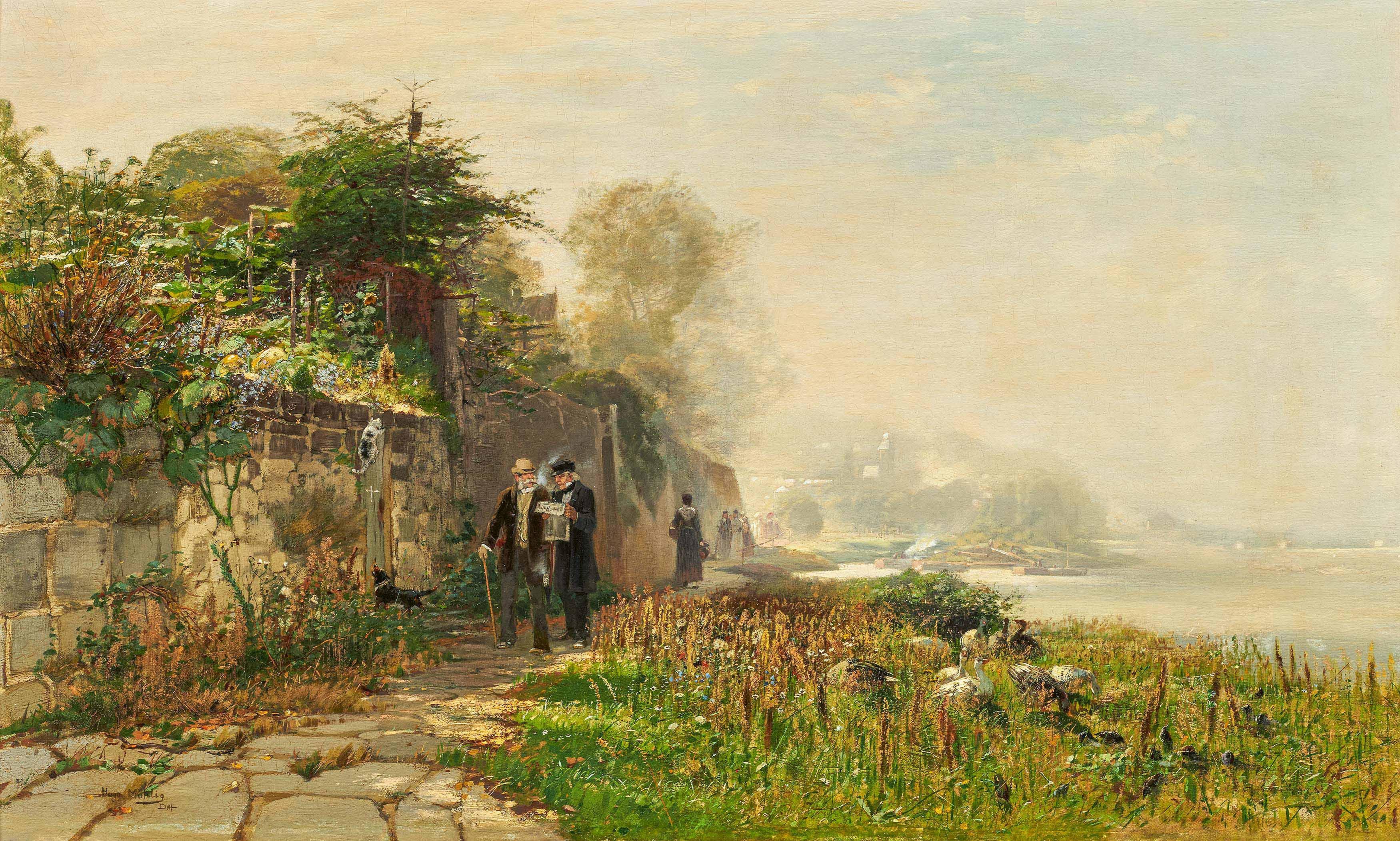 Hugo Mühlig - Spaziergänger an der Uferpromenade am Rhein.