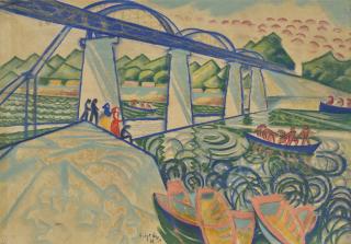 Hugó Scheiber - Hungarian boats Under A Bridge