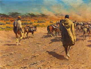 Hugo Ungewitter - Fellhändler mit Pferdenin der afrikanischen Savanne.