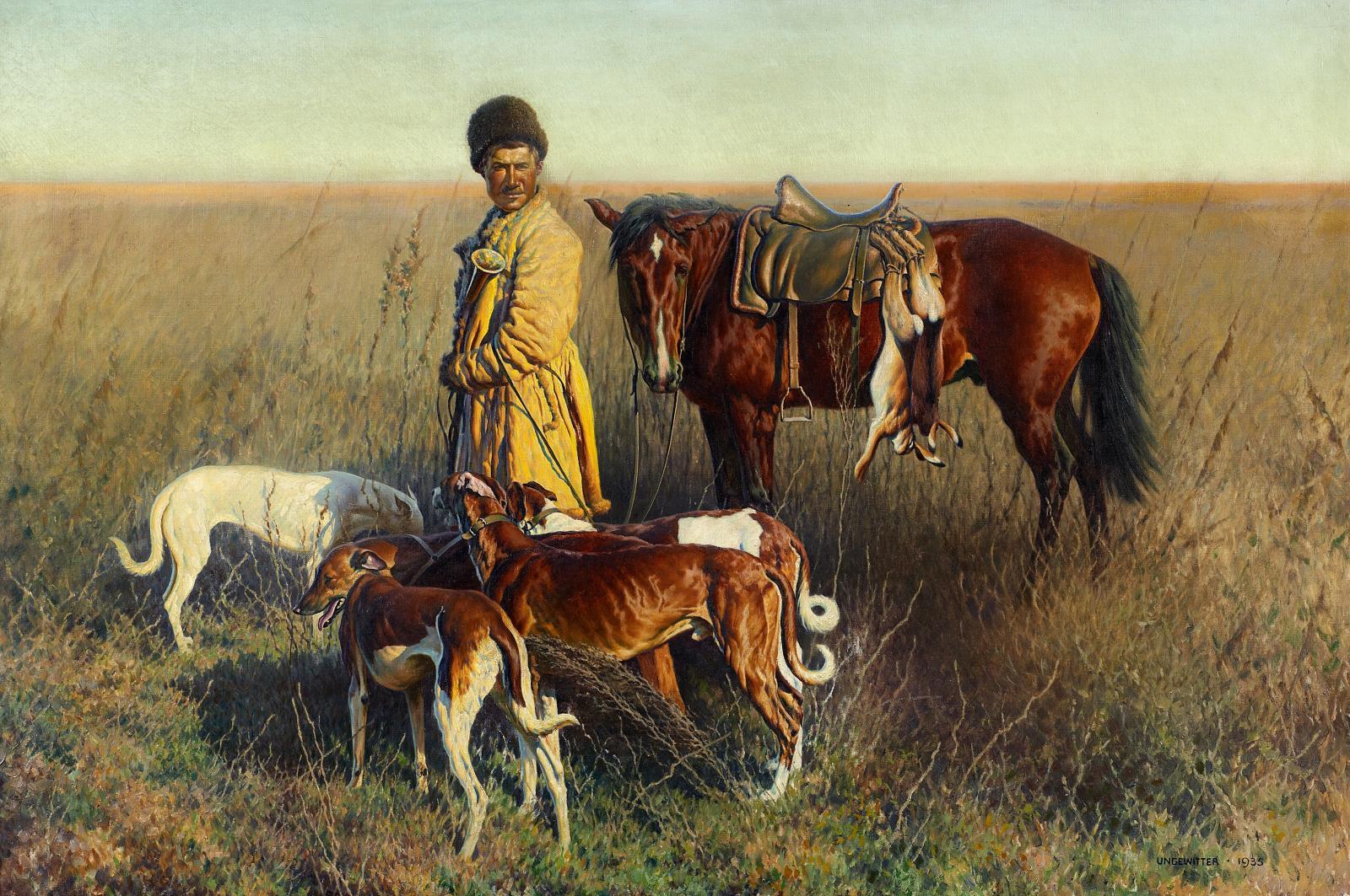 Hugo Ungewitter - Nach der Jagd, ein Kosak mit Hunden und Pferd in der Steppe