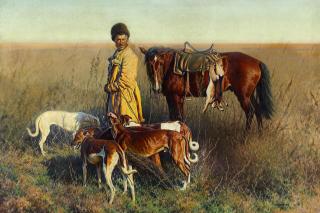 Hugo Ungewitter - Nach der Jagd, ein Kosak mit Hunden und Pferd in der Steppe
