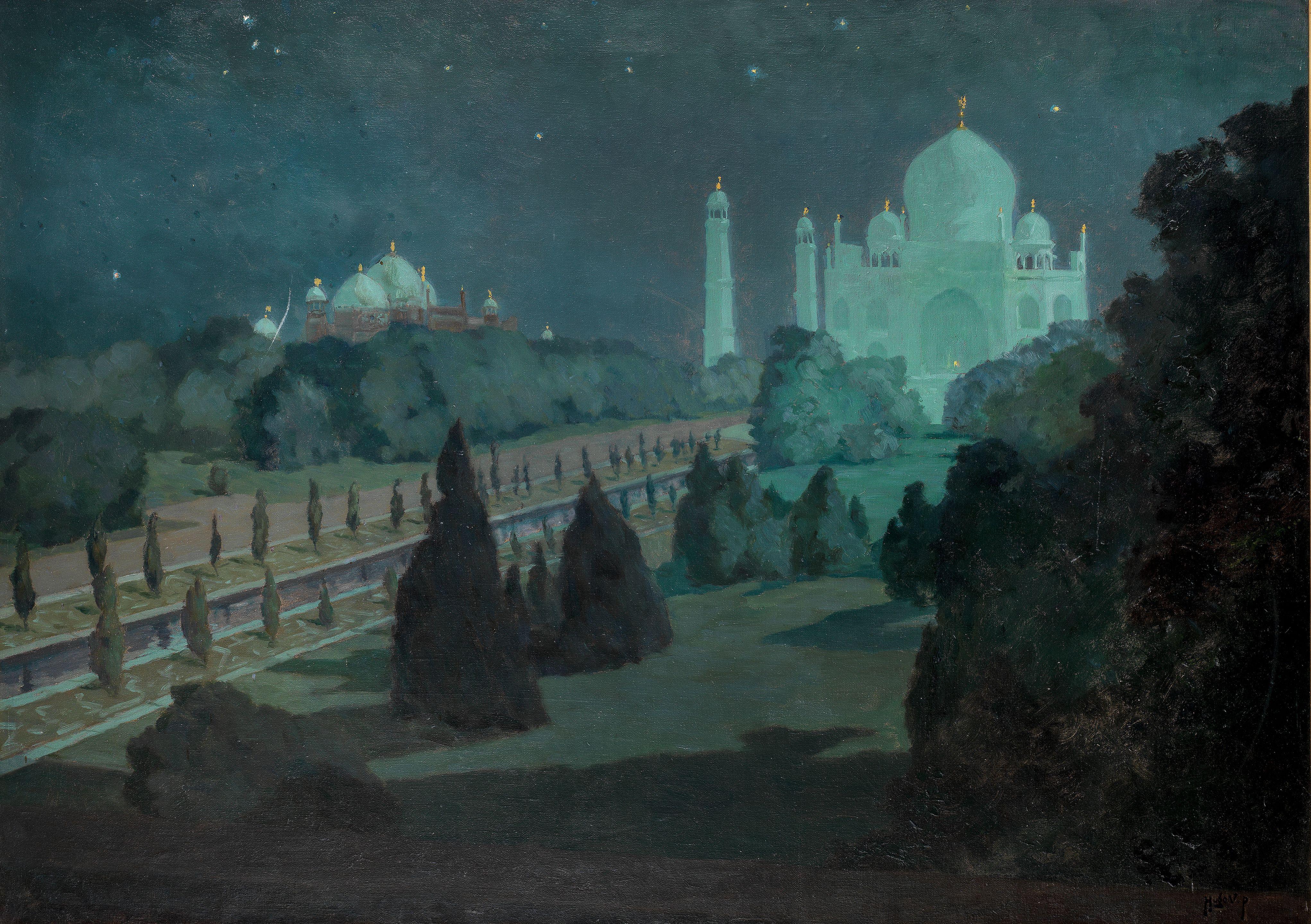 Hugo Vilfred Pedersen - The Taj Mahal by moonlight, with the mosque beyond