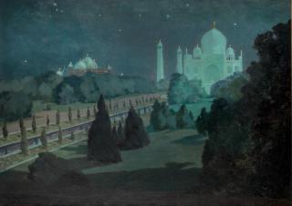 Hugo Vilfred Pedersen - The Taj Mahal by moonlight, with the mosque beyond