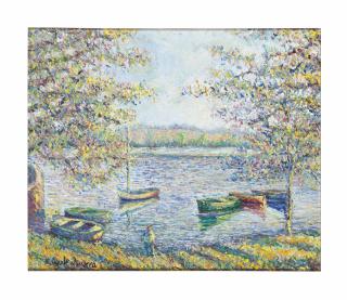 Hugues Claude Pissarro - Barques Au Soleil le Soir