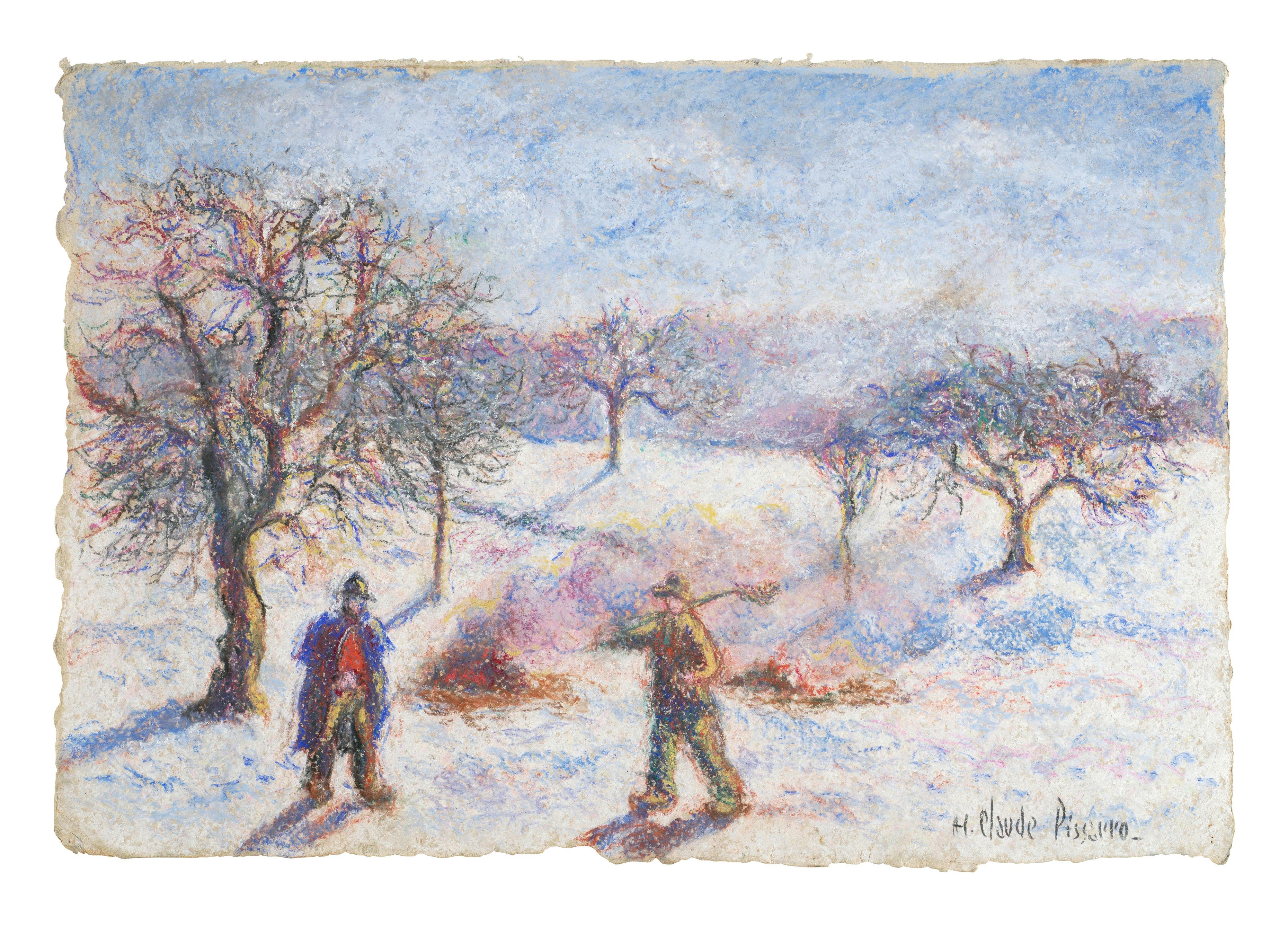 Hugues Claude Pissarro - Feux de branchages à la prairie enneigée