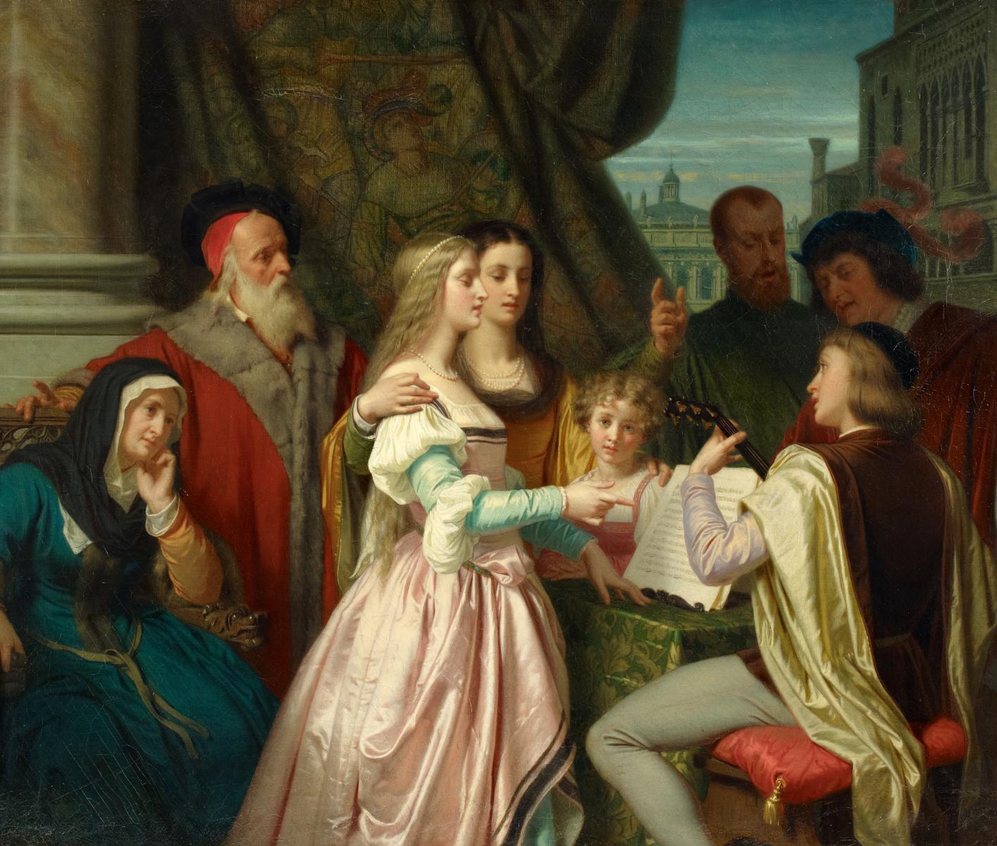 Hugues Merle - Der italienische Komponist Giovanni Pierluigi da Palestrina mit Musizierenden, links seine Gönner und Papst Marcellus II.