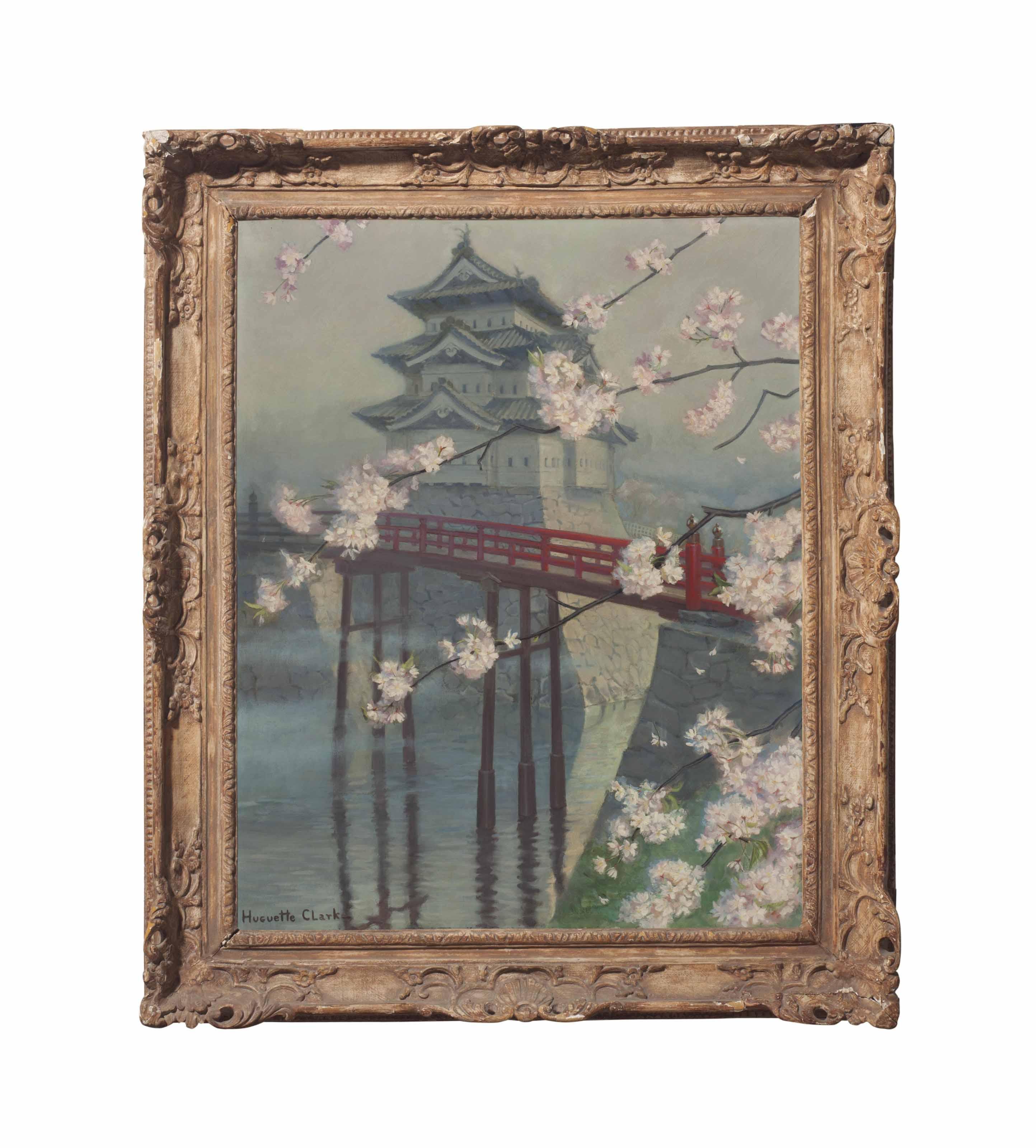 Huguette Clark - Grey Pagoda with Red Bridge & Cherry Blossoms