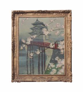 Huguette Clark - Grey Pagoda with Red Bridge & Cherry Blossoms