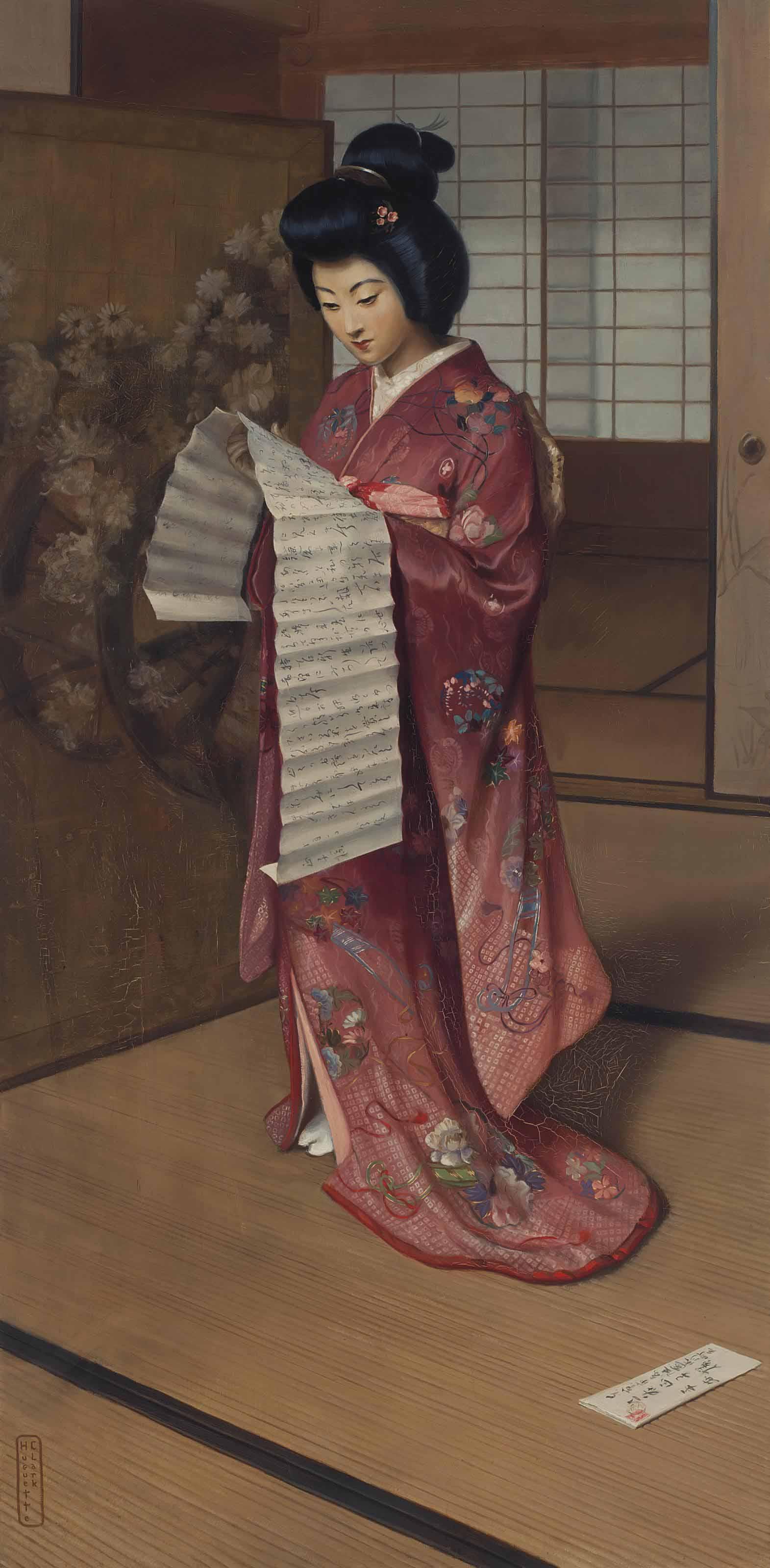Huguette Clark - Portrait of a Geisha, before a screen, reading a letter