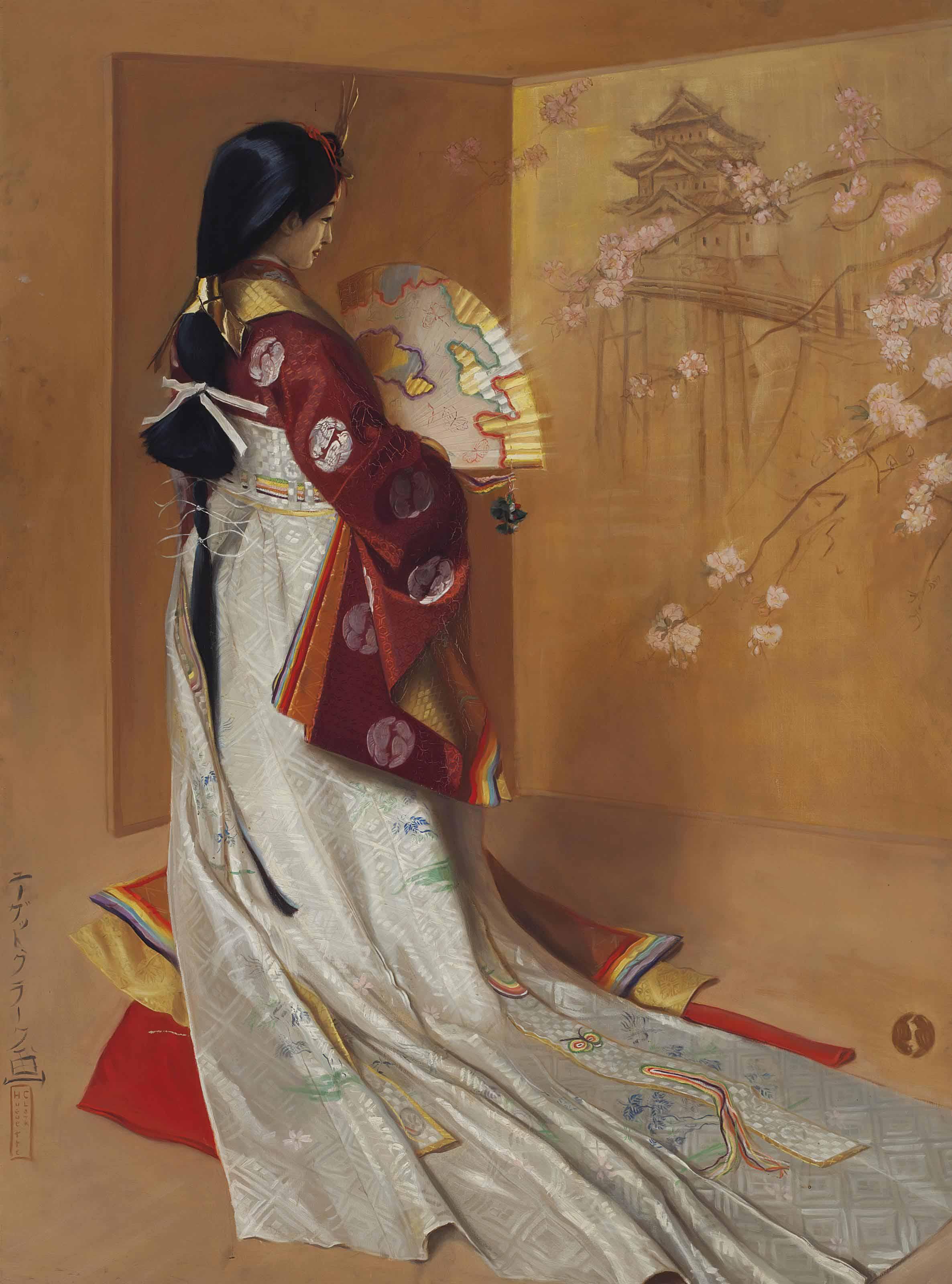 Huguette Clark - Portrait of a Geisha, in an interior dancing, fan and shamisen player