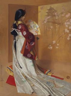 Huguette Clark - Portrait of a Geisha, in an interior dancing, fan and shamisen player
