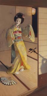 Huguette Clark - Portrait of a Geisha, in an interior holding a fan before a painted screen