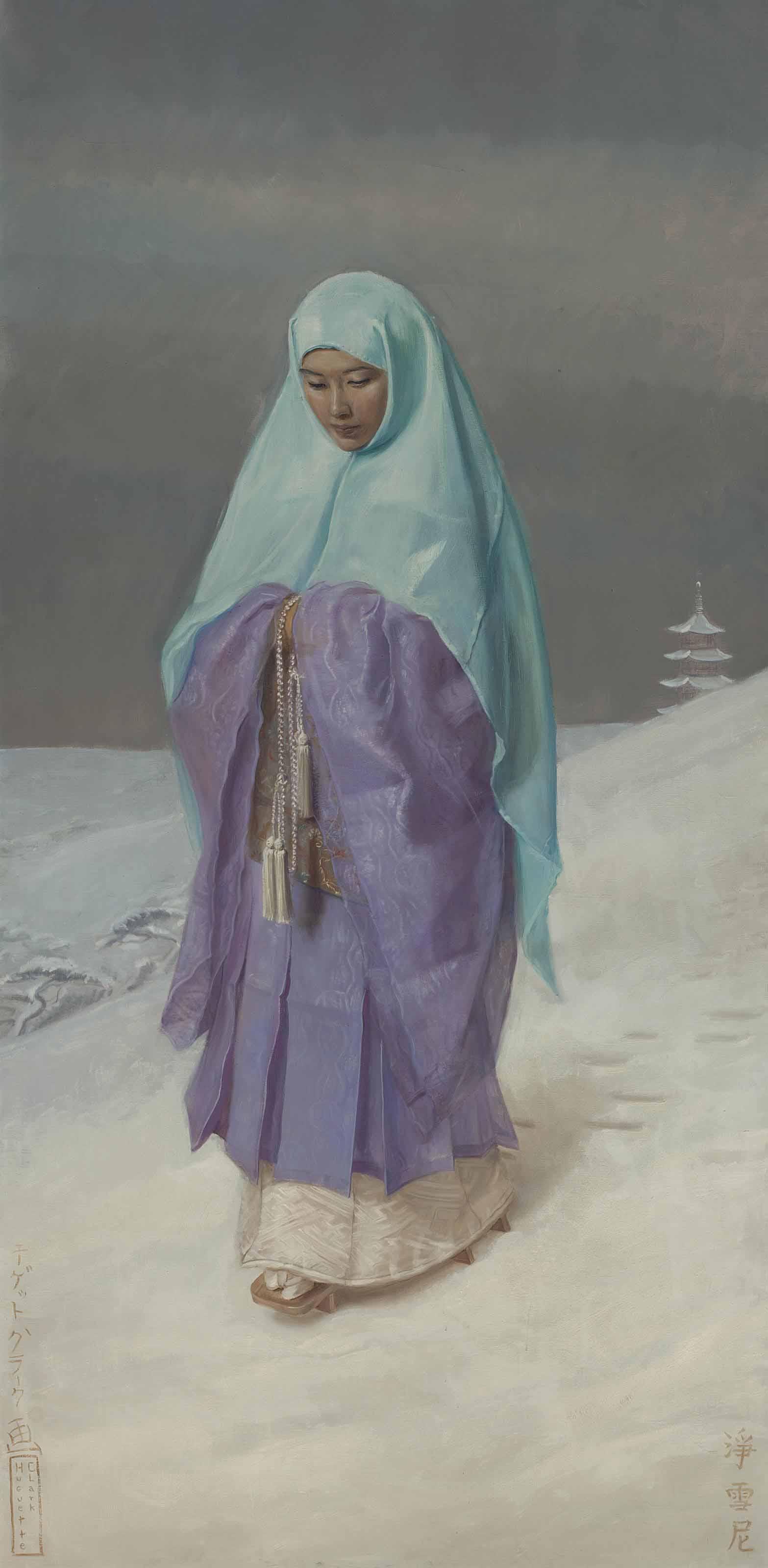 Huguette Clark - Portrait of a Japanese woman wearing a blue shawl, in a snowy landscape and a pagoda beyond