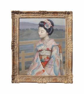 Huguette Clark - Portrait of a Maiko, seated with water and mountains beyond