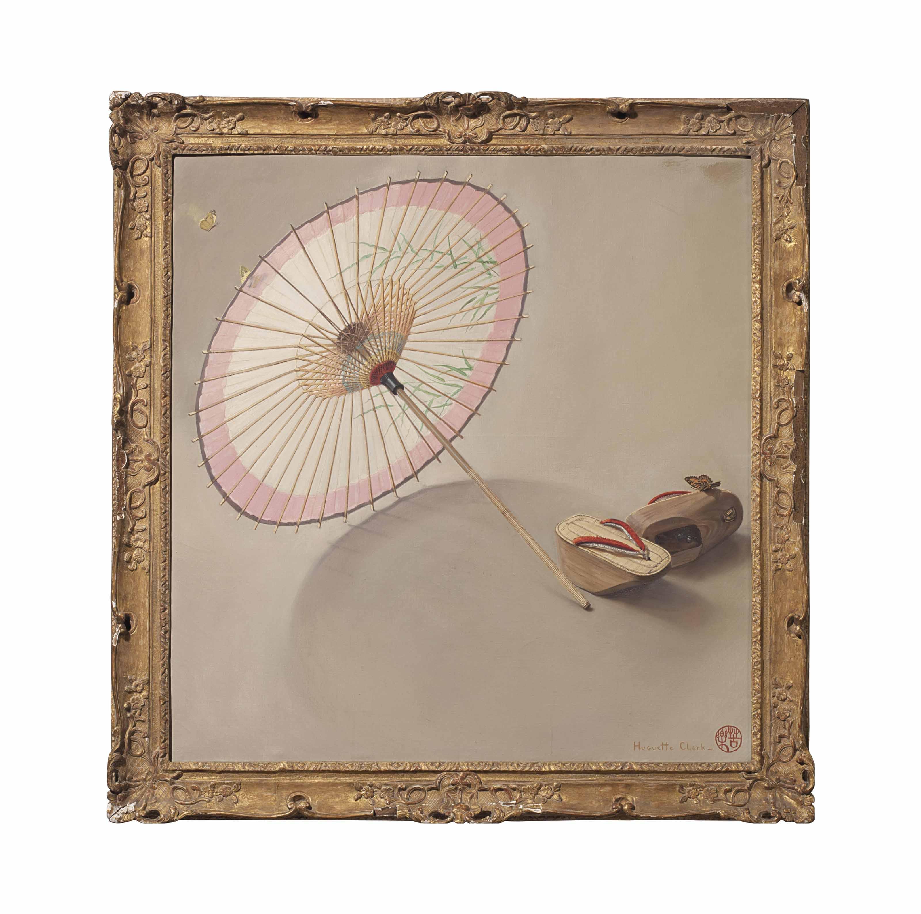 Huguette Clark - Stil life with Japanese parasol, butterfly and a pair of Geta