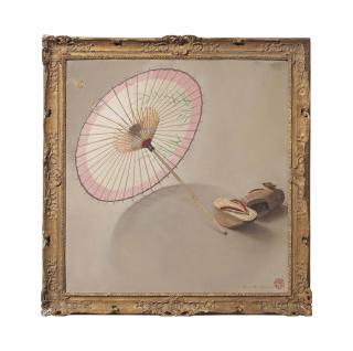Huguette Clark - Stil life with Japanese parasol, butterfly and a pair of Geta