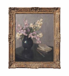 Huguette Clark - Still life of a vase of stocks in a blue vase on a table with two books and a letter opener