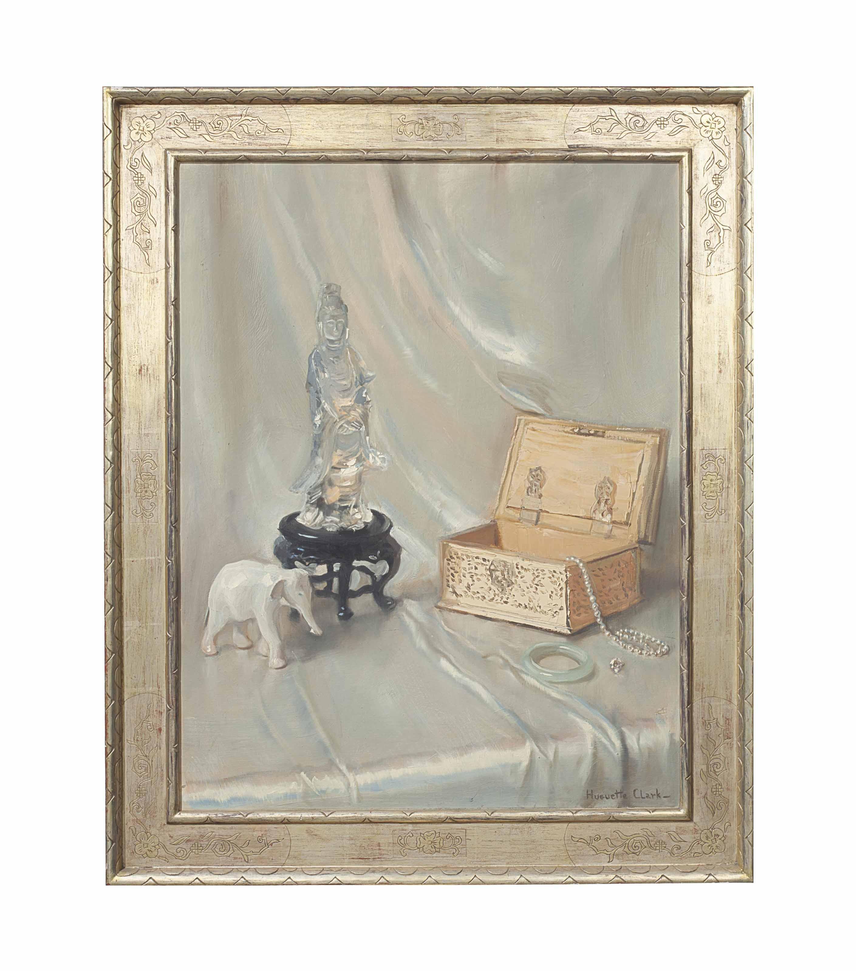 Huguette Clark - Still life with Rock Crystal Guanyun on wooden stand, porcelain elephant, wooden jewel box and jadite jewels