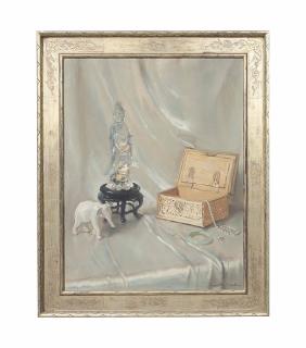 Huguette Clark - Still life with Rock Crystal Guanyun on wooden stand, porcelain elephant, wooden jewel box and jadite jewels