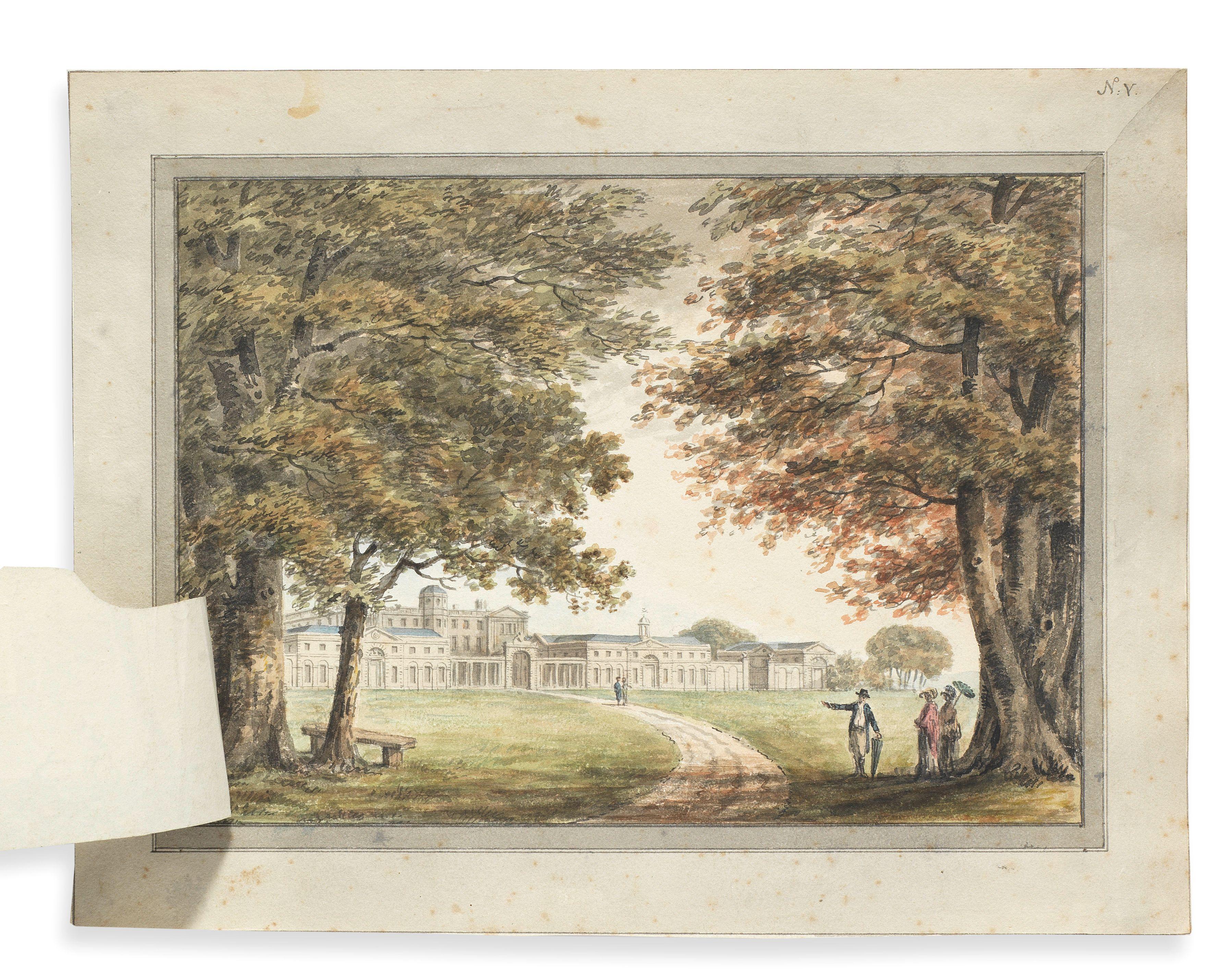 Humphry Repton - North-east view of Norman Court showing a proposal for classical north front and outbuildings