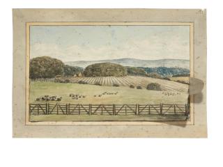 Humphry Repton - Plan for the alteration of the prospect from the south front of Norman Court, with wooden fencing giving way to a balustraded terrace, a deer park and a classical folly