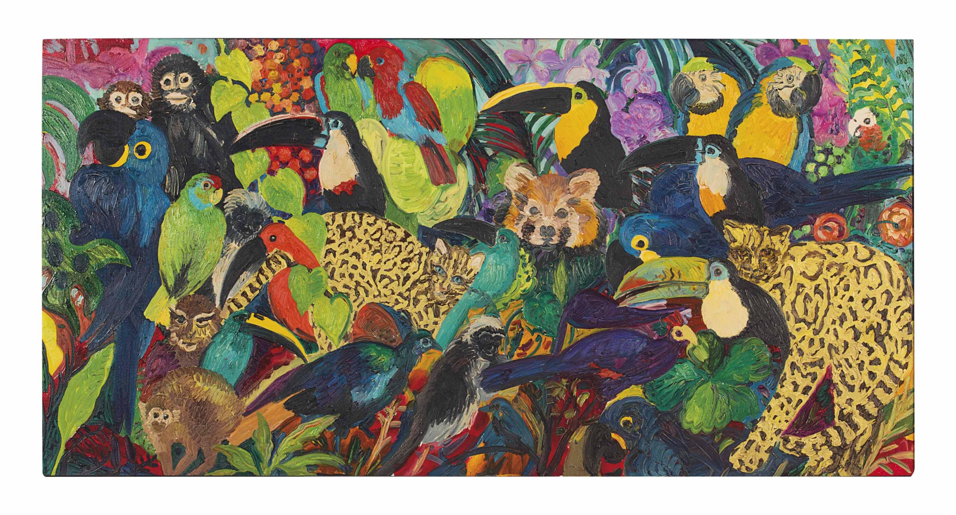 Hunt Slonem - Untitled (toucans, parrots, monkeys, ocelots and red panda)