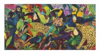 Hunt Slonem - Untitled (toucans, parrots, monkeys, ocelots and red panda)