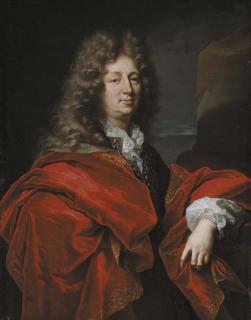 Hyacinthe Rigaud - Portrait of a gentleman, half-length, in a brown jacket and gold embroidered red mantle, leaning on the base of a ruined column