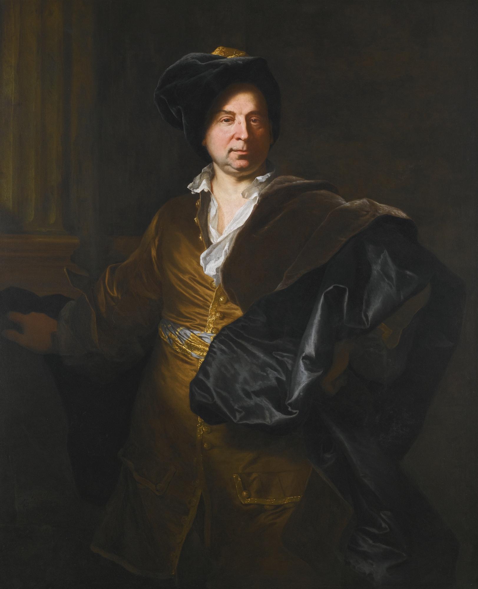 Hyacinthe Rigaud - Portrait Of A Gentleman, Three Quarter Length, In A Gold Silk Frock Coat And Blue Cloak, Possibly Paolo Gerolamo Ii Pallavicini