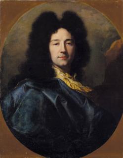 Hyacinthe Rigaud - Portrait of the artist, bust-length, with a yellow cravat and a blue cloak, feigned oval