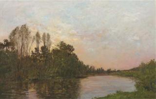 Hypolite Camile Delpy - Soleil couchant prês Mantes: along a river at dusk