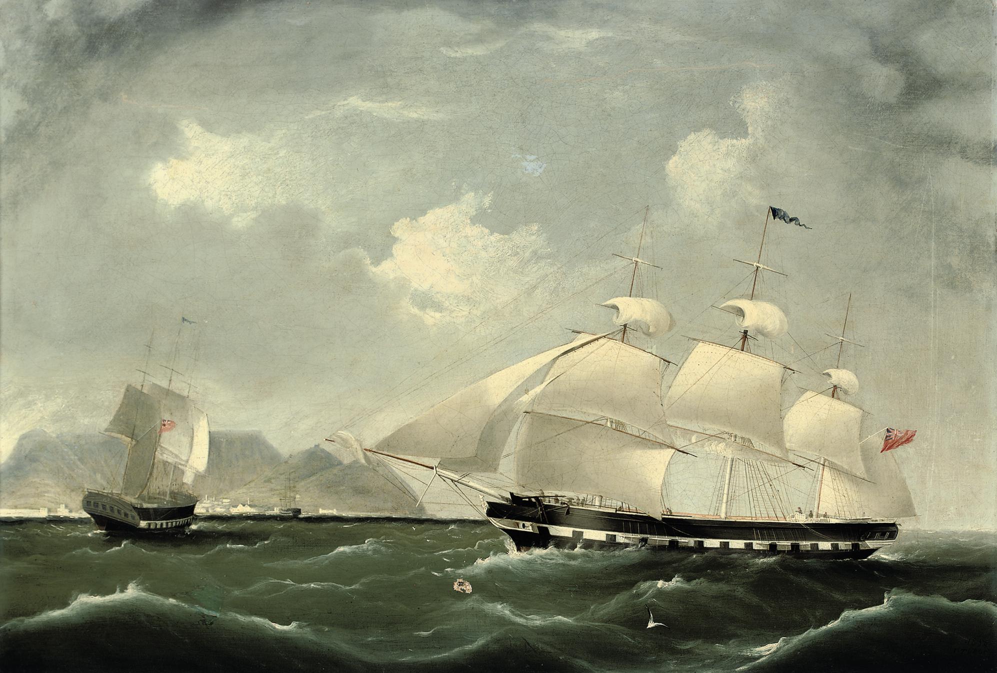 I. Tudgay - An East Indiaman in two positions in Table Bay heading into Cape Town