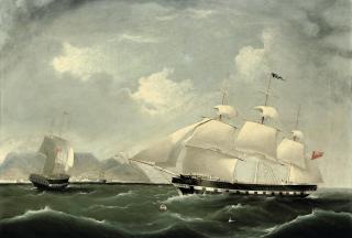 I. Tudgay - An East Indiaman in two positions in Table Bay heading into Cape Town
