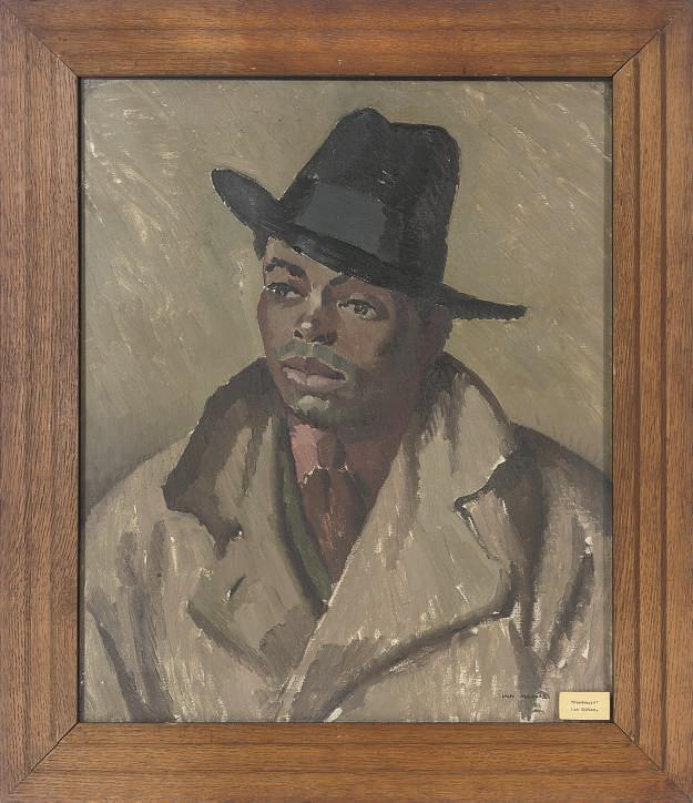 Iain MacNab - Portrait of a gentleman, bust-length, in a trench coat and hat
