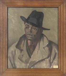 Iain MacNab - Portrait of a gentleman, bust-length, in a trench coat and hat