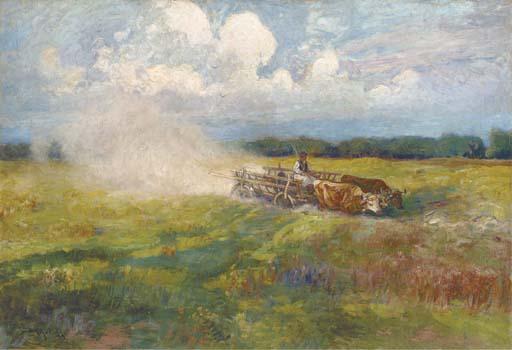 Ignac Ujvary - An Oxen-Drawn Cart Crossing A Field In Summer