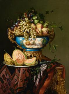 Ignace Spiridon - An elaborate still life of grapes, peaches and figs in a porcelain bowl with a cantaloupe on a silver tray on a draped table