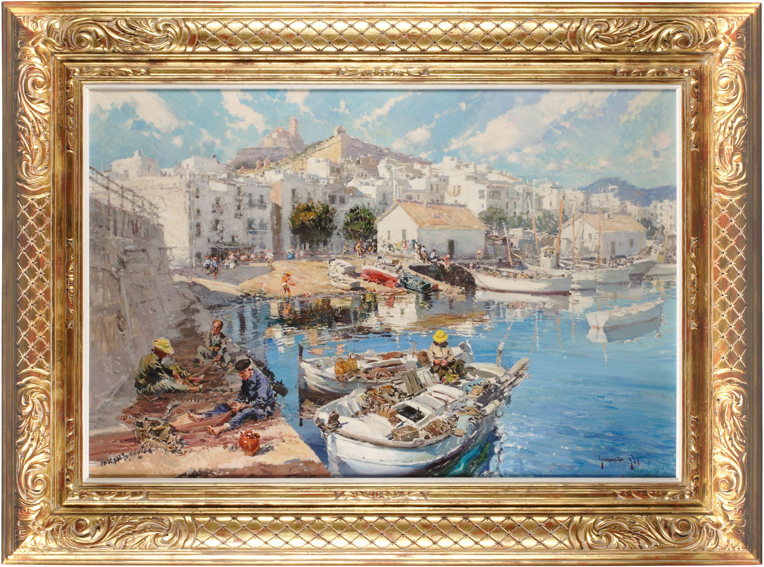 Ignacio Gil Y Sala - A Mediterranean coastal scene with fisherfolk preparing their nets