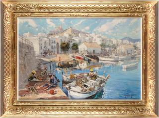 Ignacio Gil Y Sala - A Mediterranean coastal scene with fisherfolk preparing their nets