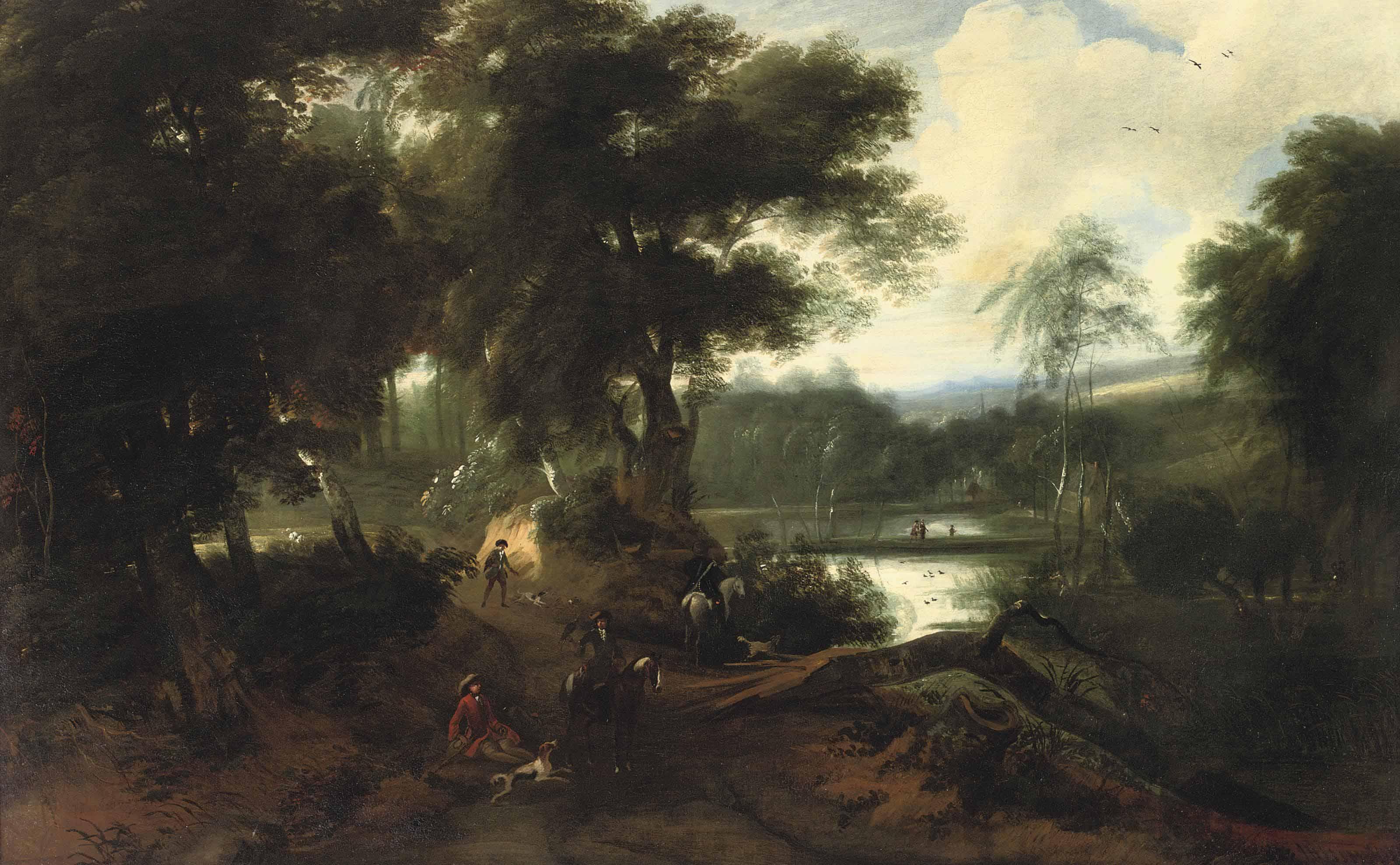 Ignatius Van Der Stock - A Wooded Landscape With A Hunting Company Resting Near A Pond