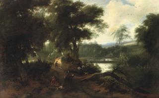 Ignatius Van Der Stock - A Wooded Landscape With A Hunting Company Resting Near A Pond