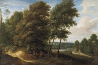 Ignatius Van Der Stock - A wooded landscape with travellers on a path