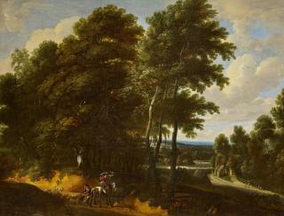 Ignatius Van Der Stock - Waldlandschaft mit Reiter bei der Falkenjagd.