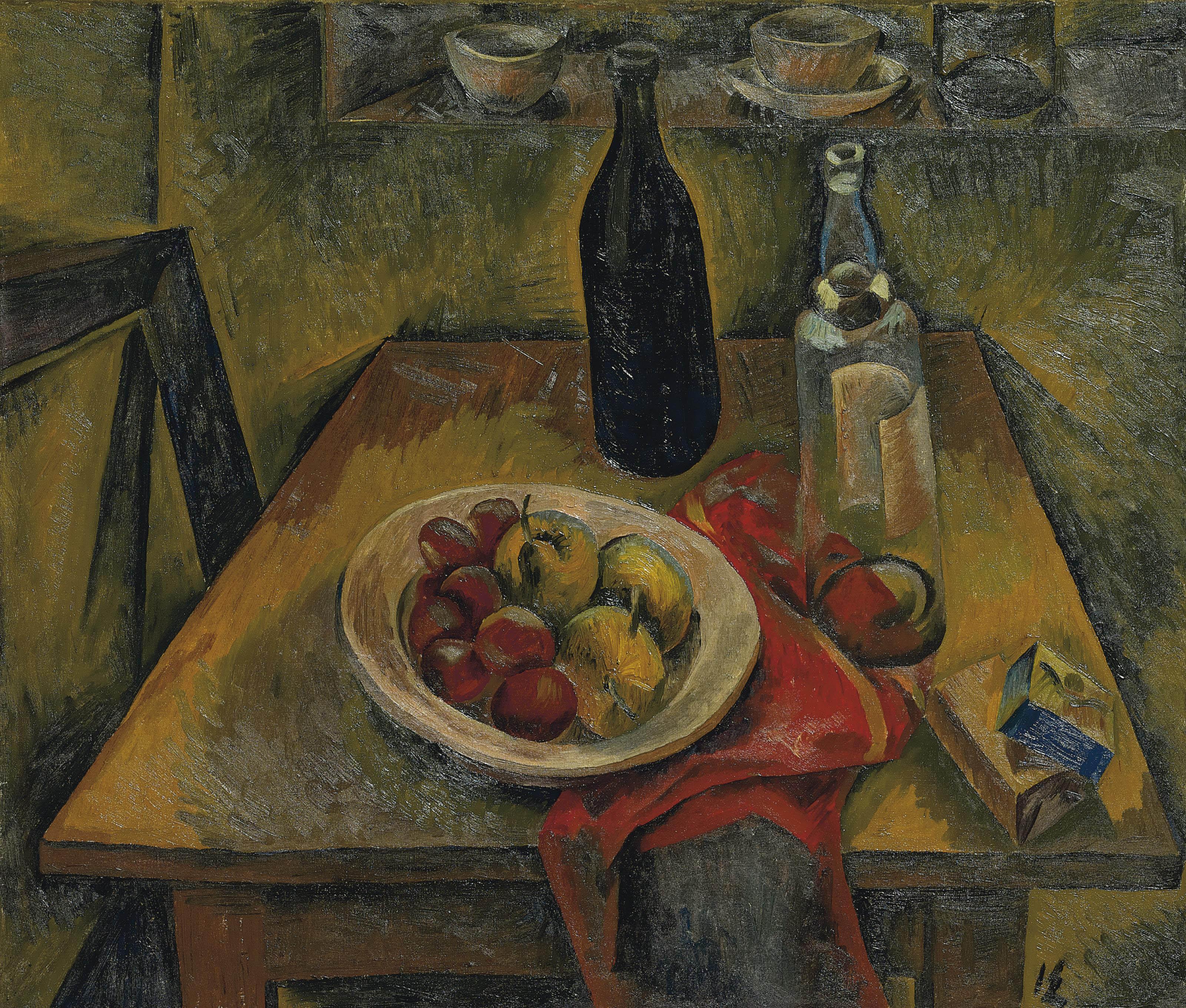 Ignaz Epper - Stillleben mit Früchteschale und Flaschen, um 1920