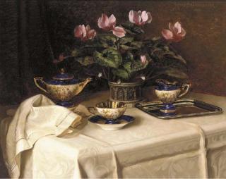 Ignaz Schonbrunner II - A tea set and a vase of cyclamens on a draped table