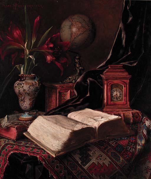 Ignaz Schonbrunner - A globe, a vase of amaryllis, a book and a carriage clock on an oriental rug