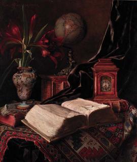 Ignaz Schonbrunner - A globe, a vase of amaryllis, a book and a carriage clock on an oriental rug