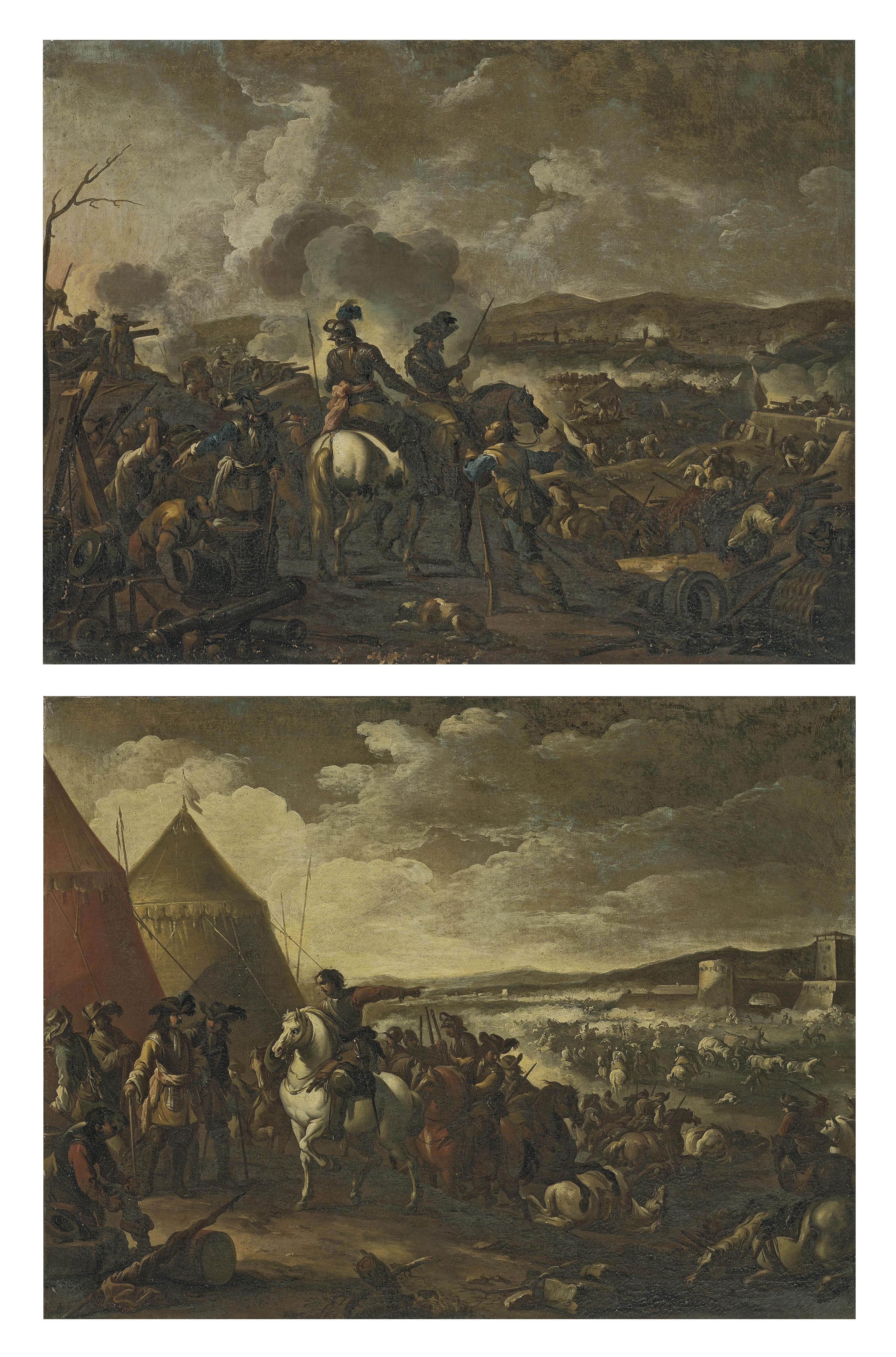 Ilario Mercanti - A battle scene with cavalry and cannon; and A battle scene with an officer on horseback directing his troops to the battle ground beyond